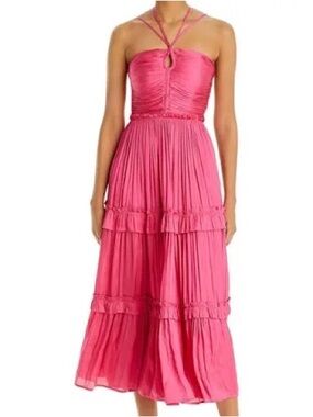 Aqua Strappy Pink Tiered Midi Dress